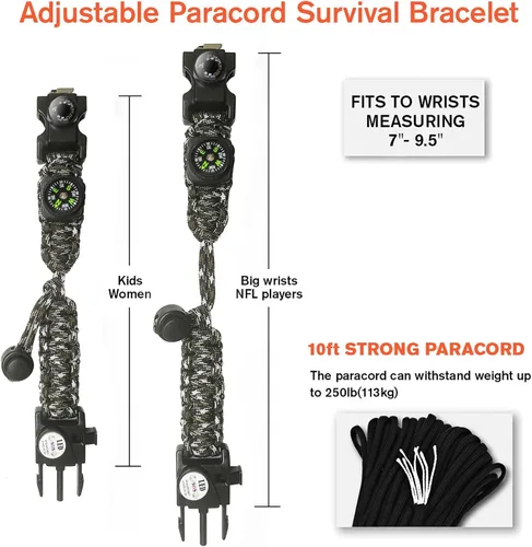 Miniatura 4 de Brazalete de paracord de supervivencia 20 en 1, kit de equipo ajustable con luz LED SOS, arrancador de fuego, brújula más grande, silbato de Camo