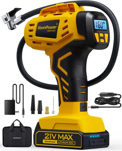 KeenPower Compresor de aire portátil para inflador de neumáticos, 2 veces más rápido, inflador de neumáticos de mano de 160 PSI alimentado por