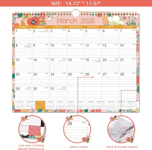 Miniatura 3 de Calendario 2026, Calendario de pared de 12 meses desde enero de 2026 hasta diciembre de 2026, 14.8 x 11.4 pulgadas, mensual con fecha juliana