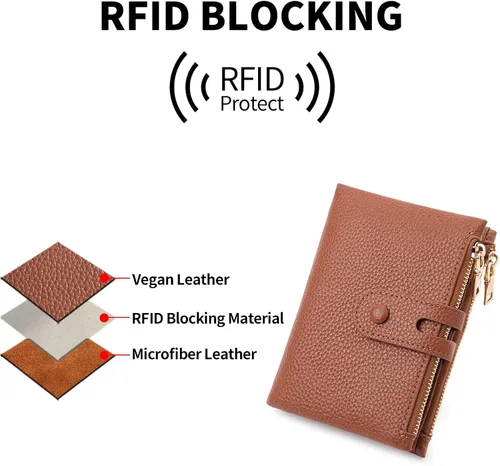 Miniatura 7 de FALAN MULE Cartera pequeña de cuero para mujer, con bloqueo RFID, tarjetero plegable con bolsillos dobles con cremallera, Marrón claro