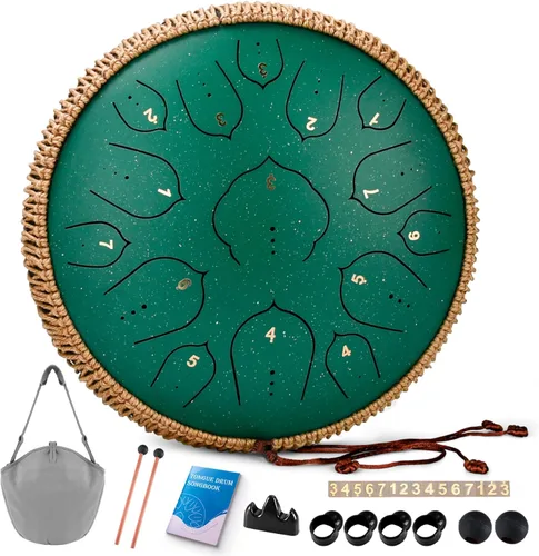 Tambor de Lengua de Acero - Tambor de Acero de 15 Notas - Instrumento de Tambores de Lengua de 14 Pulgadas, Tambores Handpan con Libro de Música,