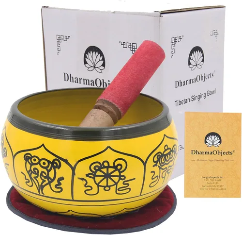DharmaObjects Yoga Meditación 6 Pulgadas 8 Símbolos de la Suerte Símbolos Cantando Tazón/Cojín/Cuero Mazo Set de Regalo (Negro)