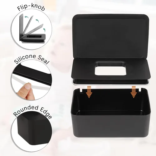 Miniatura 3 de Dispensador de toallitas para pañales Whiidoom, portador de toallitas, caja de toallitas de tejido mantiene las toallitas frescas con tapa (negro)