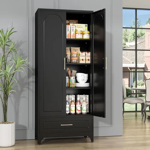Miniatura 4 de SteeLoong - Gabinete de almacenamiento de metal con cajones, gabinetes de despensa negros de 75 pulgadas para almacenamiento de cocina con 3