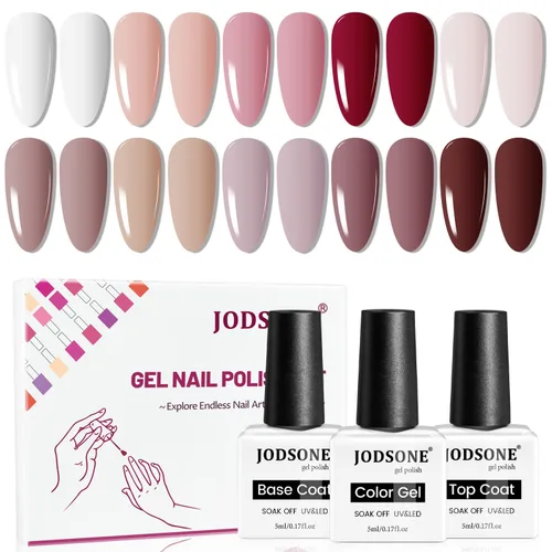 JODSONE - Juego de esmalte de uñas de gel de 10 colores con capa base y capa superior, esmalte de gel blanco, rosa, morado y rojo para todas las