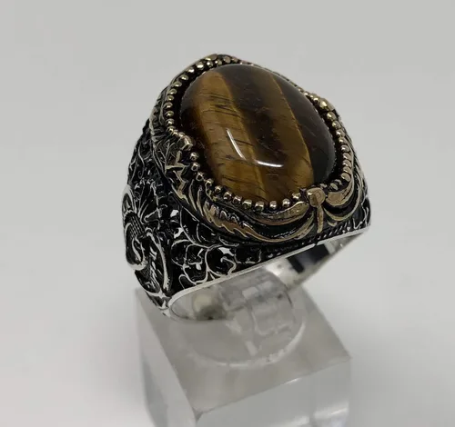 Miniatura 7 de KAR Anillo de ojo de tigre natural de plata esterlina estampada 925K I1B Piedra Ojo de tigre