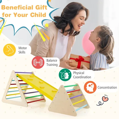 Miniatura 7 de HONEY JOY Juguetes de escalada de madera 5 en 1 para niños pequeños, escalador triangular con rampa para deslizarse o escalar, juego de arco