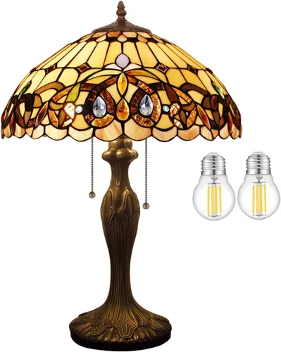 WERFACTORY Lámpara de mesa estilo Tiffany, colorido, vitral, serenidad, victoriana, lámpara de mesita de noche, 16 x 16 x 24 pulgadas, luz de