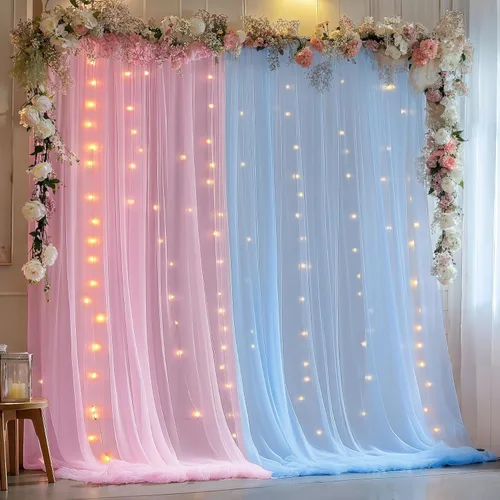 Miniatura 34 de Cortina de telón de fondo de tul azul bebé de 10 x 8 pies con cadena de luces para fiestas, cortinas de fondo transparentes para bodas, baby shower