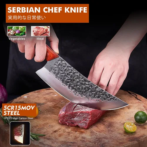 Miniatura 3 de Juego de cuchillos de carnicero profesional, cuchilla de carne pesada forjada a mano, cuchillo de chef serbio, cuchillo de deshuesado vikingo, juego