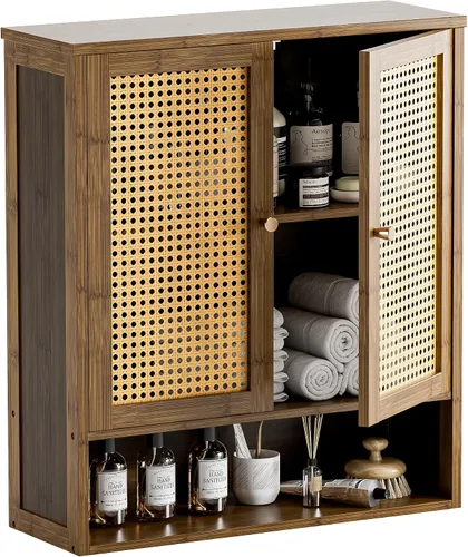 Miniatura 10 de HITNET Gabinete de baño montado en la pared, gabinete colgante de ratán, gabinete de pared de baño que ahorra espacio con 2 puertas y estantes Negro