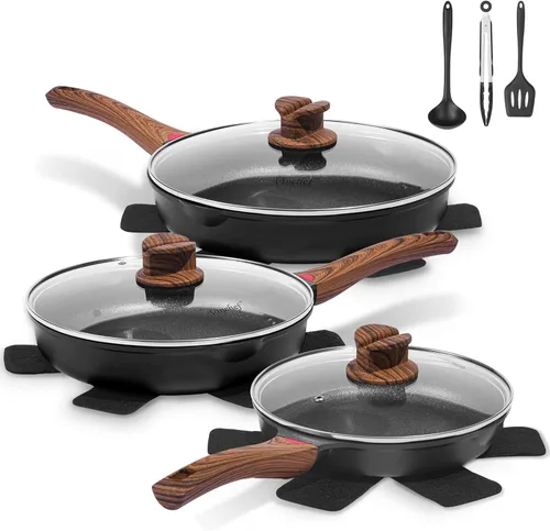 Miniatura 10 de Vinchef Sartenes antiadherentes de 8" con tapa, sartén utilizada para todas las estufas, utensilios de cocina no tóxicos para inducción, sartenes
