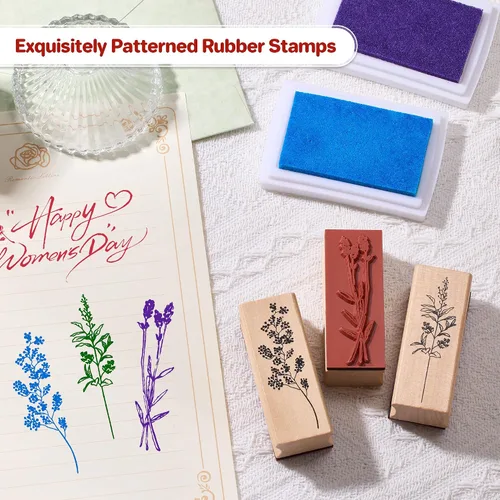 Miniatura 2 de 12 sellos de goma con almohadillas de tinta para manualidades, sellos de madera de flores y plantas con almohadillas de tinta para sellos, juego