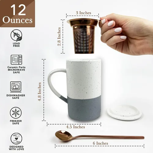 Miniatura 2 de Taza de Té Mora Ceramics con Infusor de Hojas Sueltas, Cuchara y Tapa, 12 oz, Taza de Café Apta para Microondas y Lavavajillas - Esmalte Cerámico
