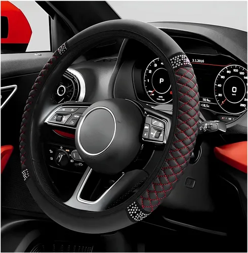 Miniatura 8 de Funda para volante de coche brillante, protector de volante de 15 pulgadas con diamantes de imitación de cuero suave, fundas de volante auto