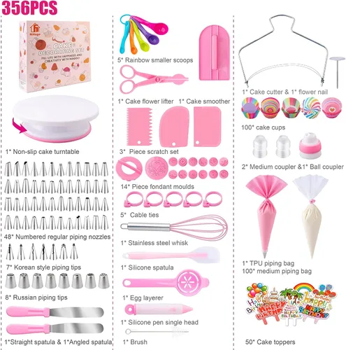 Miniatura 6 de Kit de Herramientas de Suministros para Decoración de Pasteles 356 piezas, Accesorios de Repostería Nifogo con Plato Giratorio para Pasteles, Manga
