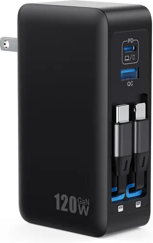 Miniatura 11 de Bloque de cargador USB C de 120W con 2 cables retráctiles integrados, cargador de pared con enchufe plegable GaN IV 4 en 1, estación de carga