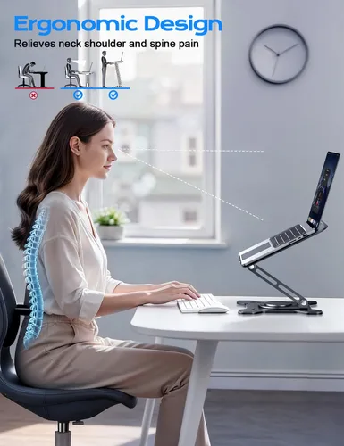 Miniatura 3 de JCZT Soporte ajustable para computadora portátil, base giratoria de 360°, soporte ergonómico para computadora, elevador plegable para oficina y Negro