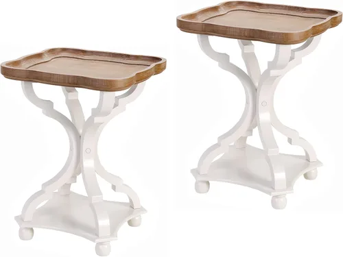 Miniatura 10 de Mesa auxiliar rústica de granja, mesa auxiliar con bandeja natural para familia, comedor o sala de estar, acabado artesanal, moderna, color blanco
