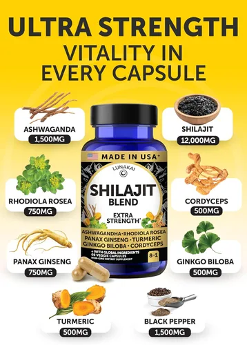 Miniatura 4 de Lunakai Cápsulas puras de Shilajit fabricadas en Estados Unidos con Ashwagandha, Rhodiola y Cordyceps - Extracto de Shilajit extra fuerte