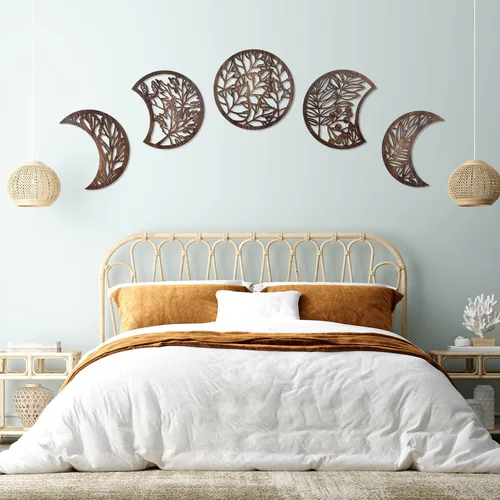 Miniatura 9 de Jetec 5 piezas de arte de pared de fase lunar para colgar en la pared, frontones de madera, fase lunar espiritual, dormitorio, nórdico, bohemio