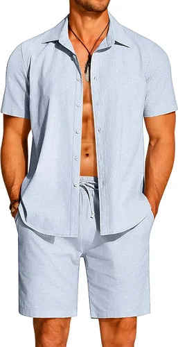 COOFANDY Conjunto de 2 piezas de algodón y lino para hombre, camisas de manga corta con botones, pantalones cortos de playa de verano, trajes