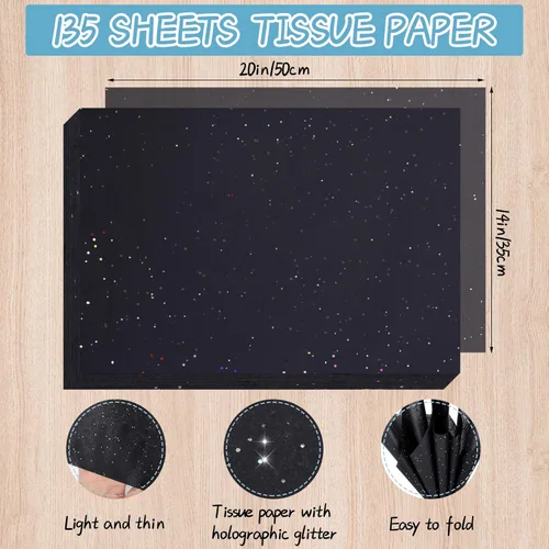 Miniatura 2 de woric 135 hojas de papel de seda negro para bolsas de regalo de 20 x 14 pulgadas, papel de seda con purpurina a granel con brillo para envoltura