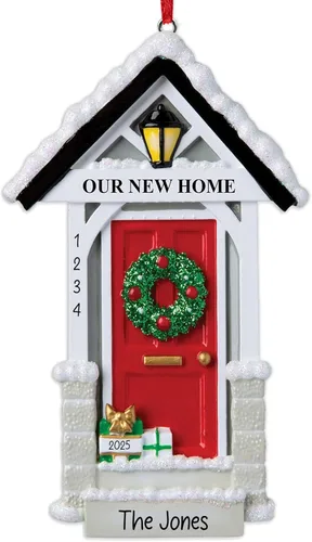 Miniatura 10 de Adorno de Navidad personalizado para el nuevo hogar 2026 Puerta negra con cinta de purpurina recuerdo único para el árbol de Navidad – Primer año