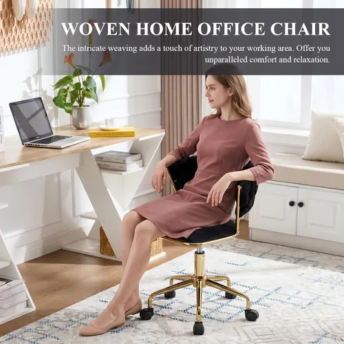 Miniatura 3 de NIOIIKIT Silla de oficina en casa, silla tapizada de terciopelo con respaldo abierto tejido, silla de escritorio giratoria de 360° con ruedas, silla