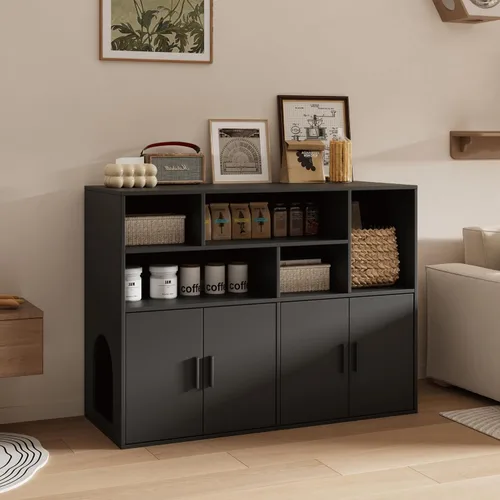 Miniatura 8 de Amunbrek - Caja de arena doble con alfombrilla para arañazos y luz con sensor de movimiento, moderna caja de arena de madera para 2 cajas de arena