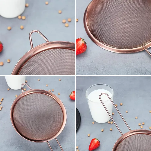 Miniatura 7 de Juego de 3 piezas de colador de malla fina de cobre, tamiz de harina de oro rosa para hornear, Clandro de acero inoxidable, Colador de té Matcha