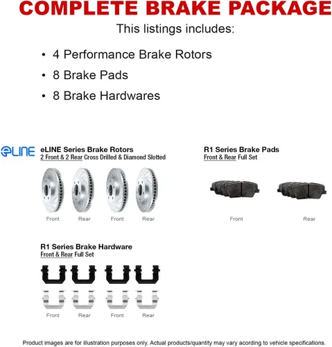 Miniatura 3 de R1 Concepts Kit de frenos delanteros y traseros para Infiniti G37 2008-2013; INFINITI Q60 2014-2015; Nissan 350Z 2009 Rotores de freno ranurados