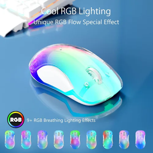 Miniatura 2 de memzuoix Mouse inalámbrico de 2.4G con cubierta personalizable y LED de 9 colores, ergonómico recargable, 1400 DPI, 5 botones, receptor USB para Azul