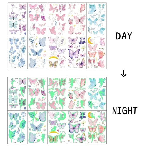 Miniatura 2 de 10 hojas de tatuajes temporales de mariposa que brillan en la oscuridad para niños, diseño de hadas, caricaturas, fluorescentes, para fiestas