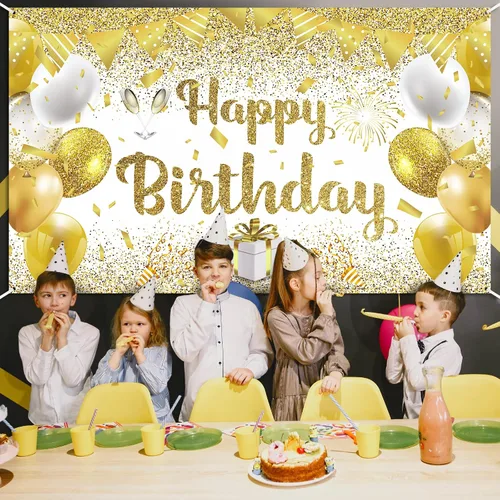 Miniatura 5 de Decoraciones de fiesta de feliz cumpleaños dorado y blanco, pancarta grande para mujeres, hombres y niñas, 70.8 x 43.3 pulgadas