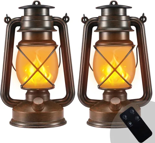 Faroles para exteriores, impermeables, colgantes, vintage, LED, lámparas de camping con llama bailarina, luz de control remoto no solar, decoración