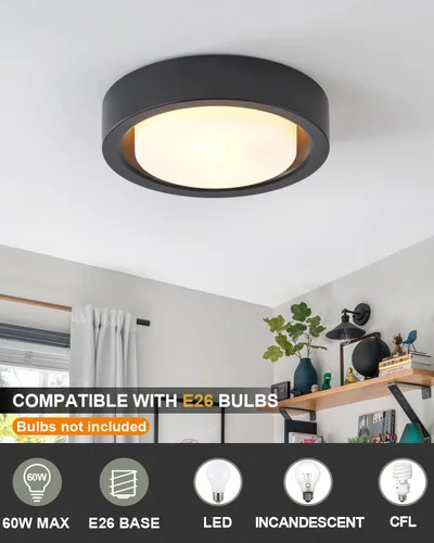 Miniatura 2 de Lámpara de techo de montaje al ras de 13 pulgadas, placa de acabado negro con pantalla de vidrio esmerilado, accesorio de iluminación de techo
