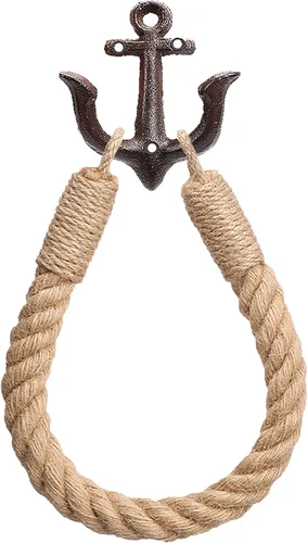 Soporte para papel higiénico de cuerda náutica, anillo de toalla montado en la pared, soporte de papel higiénico náutico con ganchos de metal, Negro