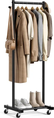 Miniatura 8 de MISSLO Percheros pequeños para colgar ropa con ruedas, perchero de ropa de 60 pulgadas con estantes, estante portátil con ruedas para armarios Dorado