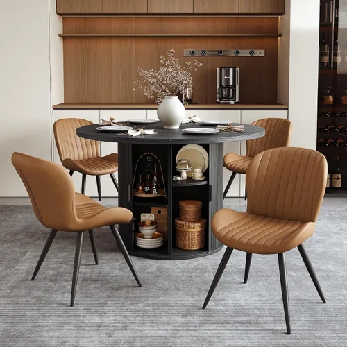 Miniatura 8 de Miereirl Juego de mesa y sillas de comedor moderno redondo, con una mesa de comedor de madera equipada con compartimentos de almacenamiento