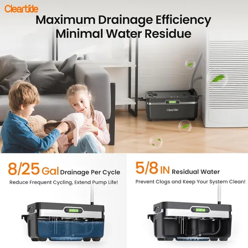 Miniatura 7 de Cleartide Bomba de condensado HVAC, ultra silenciosa de 25 dB, 1/30 HP 144 GPH, 100-240 V, bomba automática de eliminación de condensado