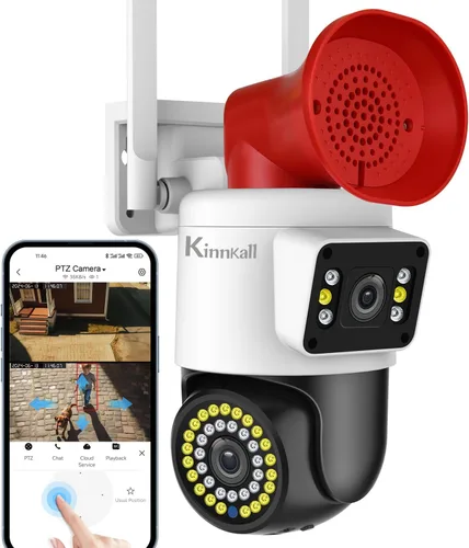 Cámara de seguridad para exteriores de 4MP con doble lente y visión nocturna con foco de iluminación, seguimiento de movimiento con giro y Blanco y