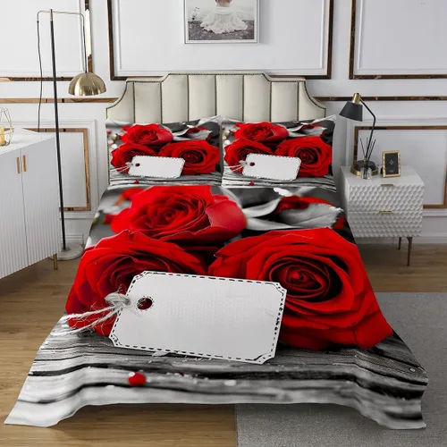 Miniatura 8 de Juego de colcha de rosas tamaño Queen, romántico juego de edredón floral de rosas rojas para niñas y mujeres, ropa de cama de rosa 3D con gota