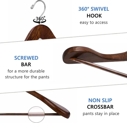 Miniatura 3 de Amber Home Paquete de 6 perchas de madera con hombros anchos de nogal con barra antideslizante para pantalones, perchas de madera maciza