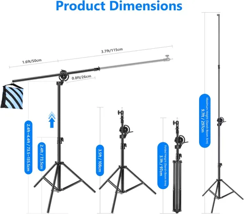 Miniatura 2 de Neewer Soporte de Luz de Fotografía 2 en 1, Aleación de Aluminio de 9.7 pies Trípode Resistente Heavy Duty con Brazo Boom de 3.8 pies y Bolsa