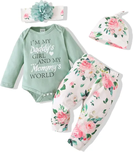 Renotemy Conjunto de ropa para bebé recién nacido, mameluco con volantes y pantalones florales lindos para niñas pequeñas