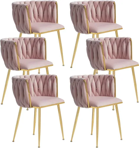 Miniatura 11 de Juego de 2 sillas de comedor de terciopelo, modernas sillas de comedor tapizadas con patas de metal dorado y respaldo tejido para comedor, cocina