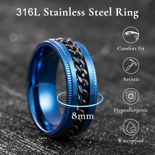 Miniatura 31 de King Will - Anillo antiestrés de acero inoxidable 316L para hombres y mujeres, con cadena decorativa giratoria, 8 mm de ancho, anillo de boda