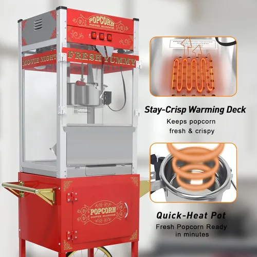 Miniatura 8 de Máquina comercial de palomitas de maíz de 20 onzas con carrito - 100 tazas, hervidor de acero inoxidable, luz de calentamiento - Palomitero portátil