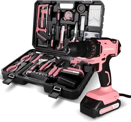 COMOWARE - Juego de herramientas para el hogar rosa con taladro inalámbrico de 20V, juego de 120 piezas de herramientas manuales para mujeres, juego